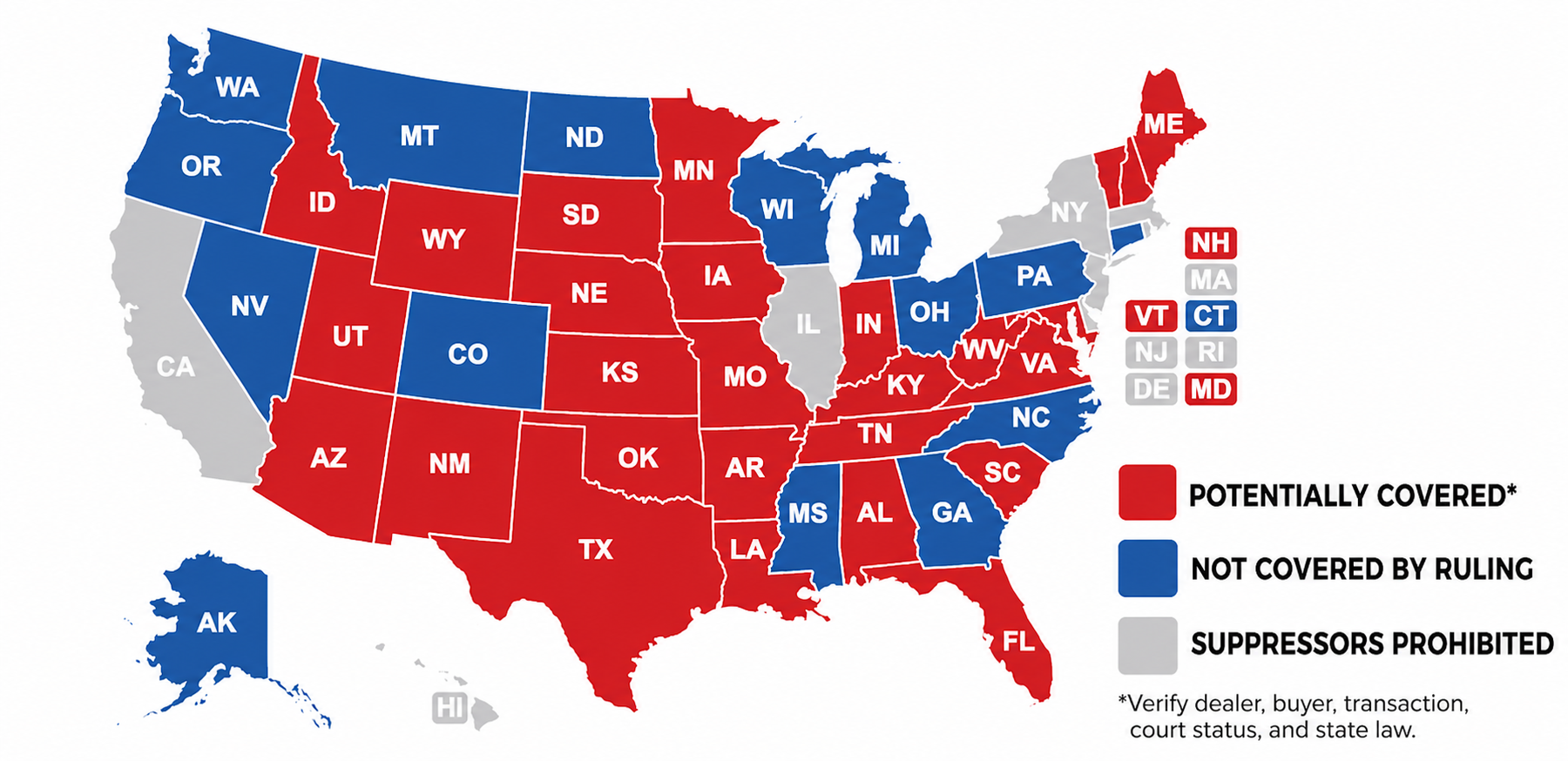 United States map showing states potentially covered by the August 2026 federal no-Form-4 suppressor ruling, states not covered by the ruling, and states where suppressors are prohibited